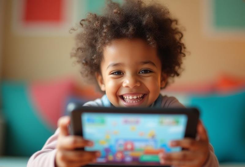 Happy child using educational tablet, colourful background